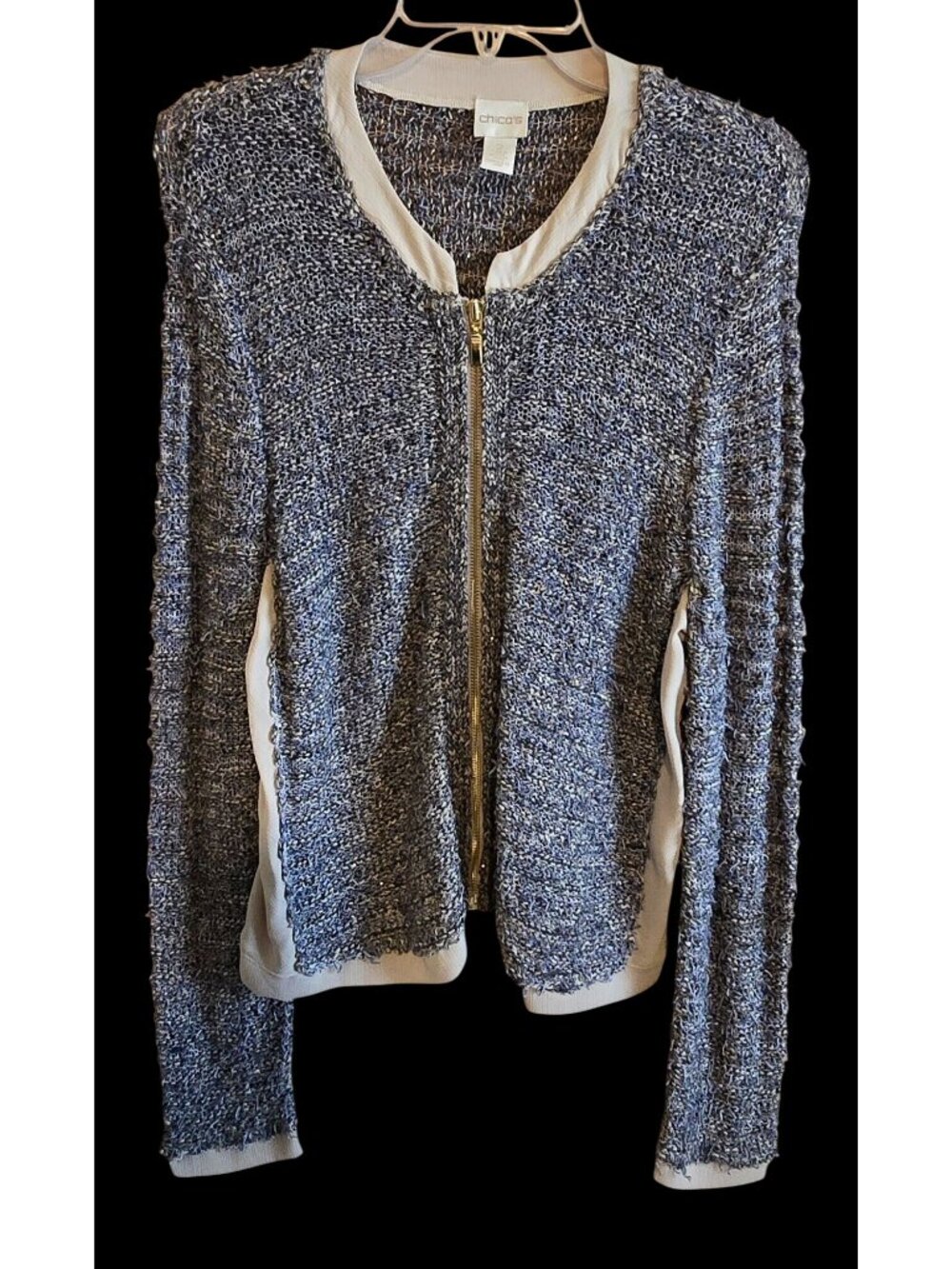 Chicos Textured Metallic Knit Cardigan With Zipper Front vintage flirty warm